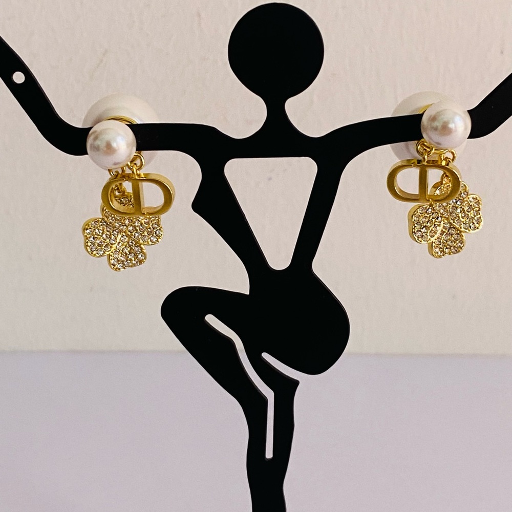 Auth Christian Dior Tribales Drop Faux Pearl/Crystals Earrings